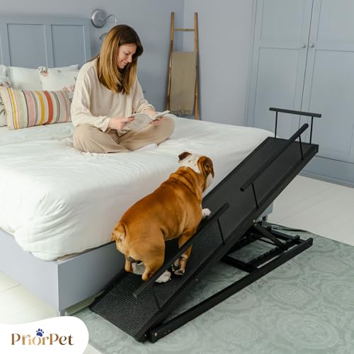 Hunderampe Bett PRIORPET aus Birkenholz mit Sicherheitsgeländer - Höhenverstellbare hundetreppe für Betten bis zu 94.5cm - Klappbar - Anti-Rutsch-Griff - Für kleine Hunde bis zu 23kg - Schwarz