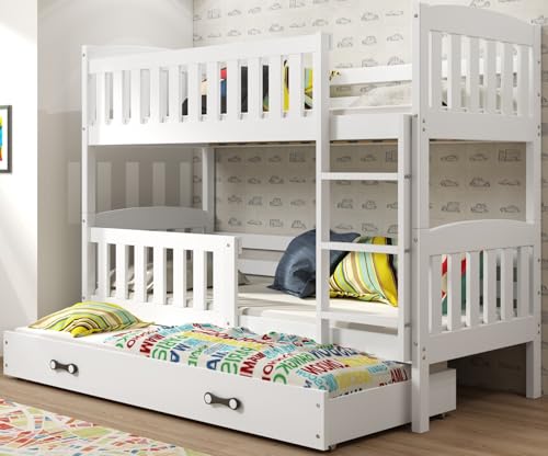 Interbeds Letto a castello QUBA a 3 posti in legno massello di pino, sponda di sicurezza, rete, cassetto, bambino e adulto, separabile in 2 letti, 3 posti (bianco, 90x190)