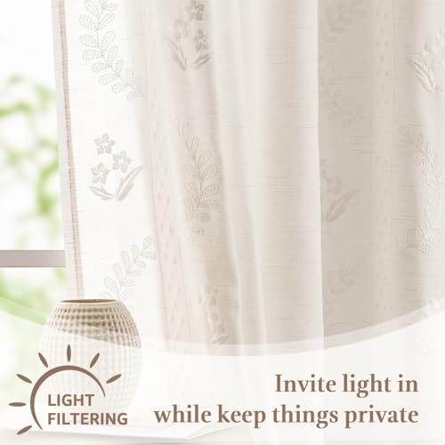 Image of jinchan White Floral Linen Kitchen Tier Curtains 24 Inch, 2 Panels