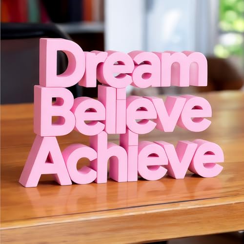 Image of Mad Masters Dream Believe Achieve Motivational Desk Decor - Aesthetic Table, Shelf & Wall Showpiece for Home Office, Business. Vastu Friendly Gifting, Blush Pink (8x5.5x1 Inch)