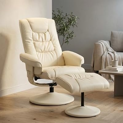 Oftenlucky Recliner Chair with Ottoman - 360° Swivel Massage Lounge Chair, 5-Point Vibration & Heated Seat, 140° Adjustable PU Leather Recliner for Living Room, Home Theater & Office, Cream
