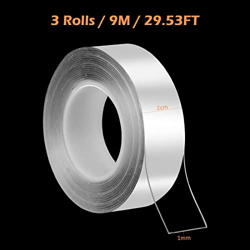 MXTIMWAN 9 Meters Doppelseitiges Klebeband Extra Stark, 3 Rollen Dünn Klebeband Doppelseitig, Waschbares Spurlos Transparent Nano Double Sided Tape für Büros, Hause, Auto, Küche, Badezimmer, Garten