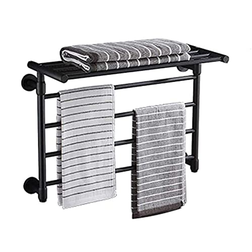 Toallero eléctrico inteligente con estante de almacenamiento superior, calentador de toallas de aluminio con espacio de temperatura constante montado en la pared para baño/inodoro/hotel (negro)
