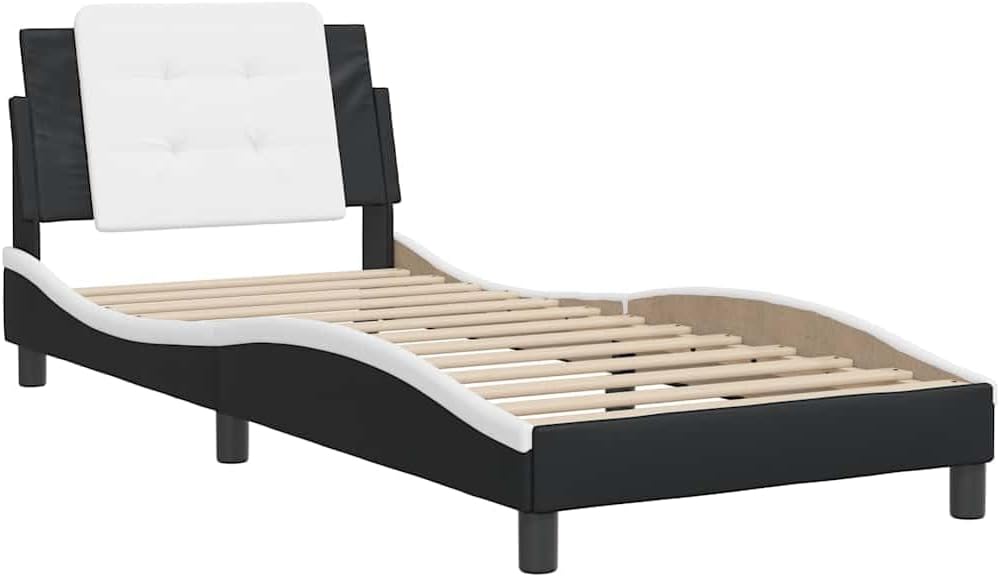 vidaXL Twin Bed Frame - Black and White - Modern Faux Leather with Headboard Cushion - 39.4"x74.8"