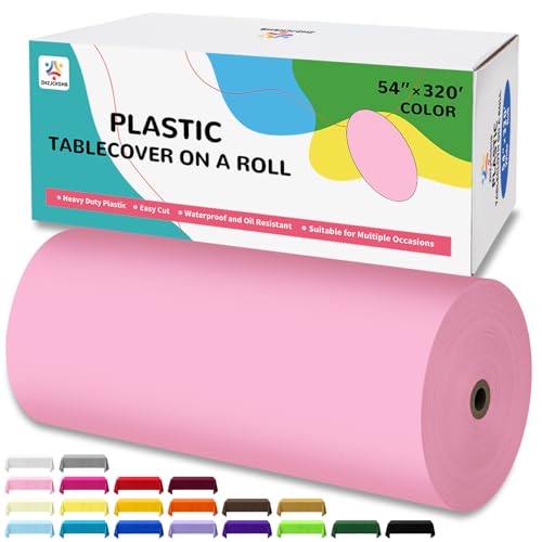 ZHZJCKSHB 54IN X 320FT Plastic Table Cover Roll with Cutter Box, Cut to Size Plastic Table Cloths for Parties, Birthday, Disposable Tablecloth Roll for All Shape Tables (Pink, 54 Inch X 320 Feet)