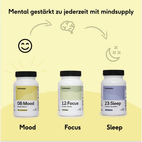 mindsupply® MOOD | 90 Anti-Stress Kapseln | Stimmungsaufheller | Serotonin-Synthese mit L-Tryptophan | Rosenwurzextrakt, Vitamin B12, B6, D & Q10 | Vegane Kapseln gegen Stress & Müdigkeit