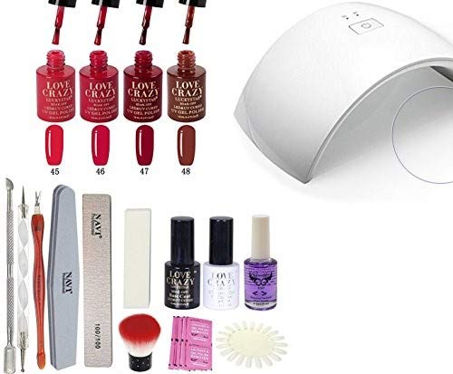 LoveCrazy 4pcs Kit De Colores 45-48 en Gel Manicura Semipermanente + TopCoat y BaseCoat UV LED Manicura Arte + Lámpara Secador 9C de Uñas UV/LED + Removedores + Lima + otros productos (9C KIT 45-48) Cover