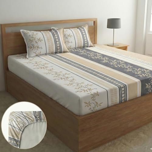 Image of Home Sizzler Microfibre Floral Striped Print All-Around Elastic Fitted Double Bedsheet (72 x 78 Inches) with 2 Pillow Covers - Beige & Grey