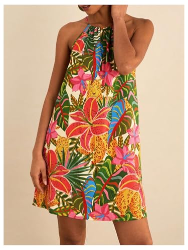 Image of SweatyRocks Women's Tropical Print Halter Dresses Sleeveless Holiday Summer Mini Dress