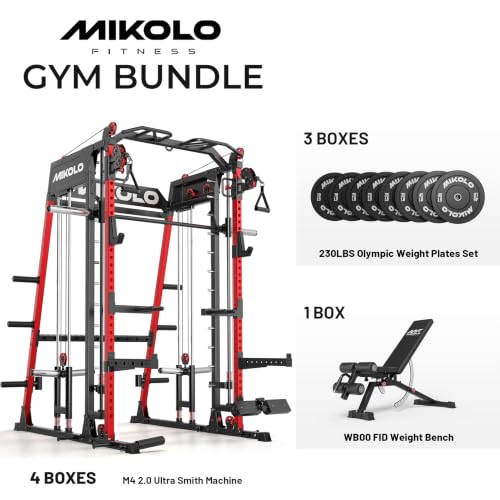 Image of Mikolo M4 2.0 Smith Machine, 2200lbs Squat Rack with LAT-Pull Down System & Cable Crossover Machine, Training Equipment with Leg Hold-Down Attachment