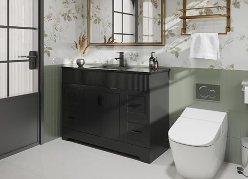 Image of eclife 48 inch Bathroom Vanities Sink Combo with Painted Surface, Modern Drawered Cabinet W /Decorative Wave Lines, Undermount Single Black Sink, Matte Black Faucet Drain, Black