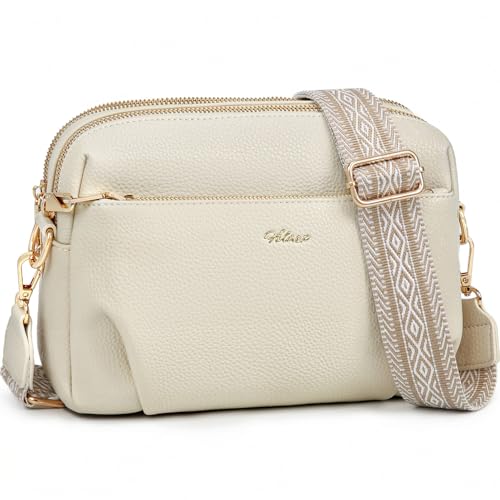 Image of HILAEX Anti-Theft Crossbody Bags for Women with RFID Blocking, Cross Body Bag Women 4 Zip Compartments, PU Leather Shoulder Handbag with Adjustable Wide Strap Beige