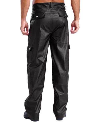 Men's Leather Pants Multiple Pockets Straight Legs Trousers Motorcycle Pants for Club Party2