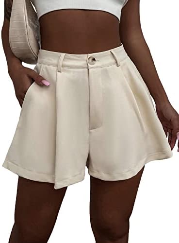 Verdusa Women's Elastic High Waist Pleated Wide Leg Shorts with Pocket Apricot S