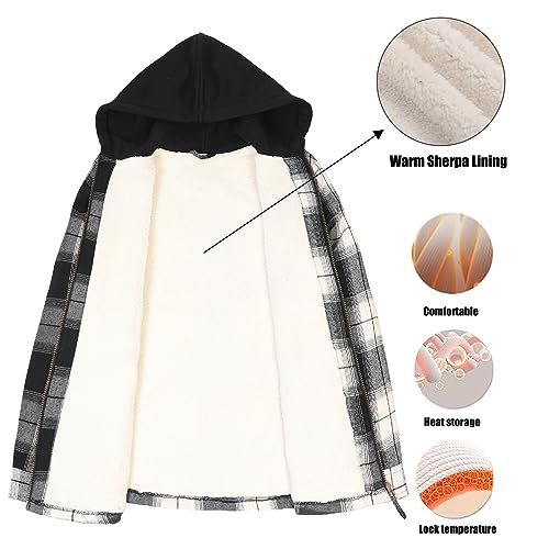 ThCreasa Womens Full Sherpa Lined Plaid Flannel Hooded Jacket with Hand Pockets, Zip Up Fuzzy Hoodie Flannel Shacket3