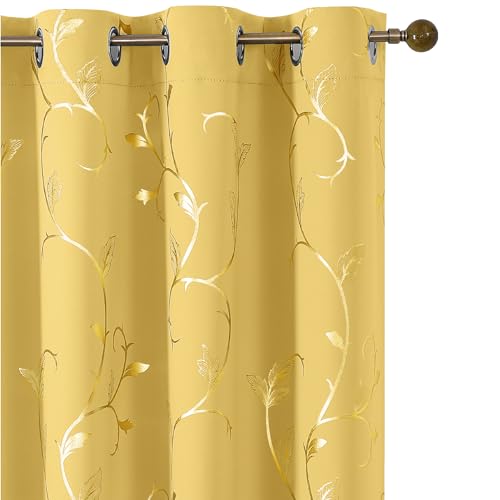 BUHUA Blackout Curtains Gold Foil Print Flower Vine Grommet Drapes, Room Darkening Thermal Insulated Curtains, Noise Reducing Curtain for Bedroom, Bright Yellow, 52Wx84L, 2 Panels