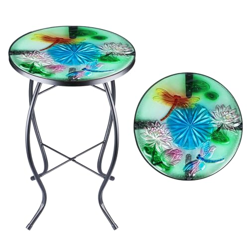 MUMTOP Table d'appoint d'extérieur en mosaïque de 35,6 cm, table d'appoint ronde en verre avec motif libellule et lotus, support pour plantes, petite table basse pour...