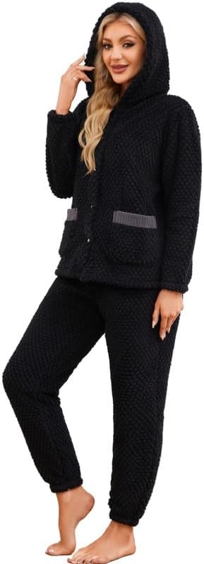 HEARTNICE Women's Cute Hooded Pajama Set, Soft Warm Plush Long Sleeve Sleepwear with Pockets Fluffy Fuzzy Cozy Pjs