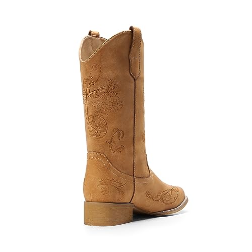 Image of DREAM PAIRS Women's Square Toe Cowboy Cowgirl Boots Pull On Low Chunky Heel Mid Calf Western Boots with Embroidered Stitched for Theme Party Country Concert