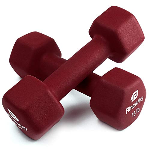 Fitness Alley 15lb Neoprene Dumbbell Set Coated for Non Slip Grip - Hex Dumbbells Weight Set - Hand Weights Set - Neoprene Weight Pairs - Hex Hand Weights - Set of Two Neoprene Dumbbells, Maroon
