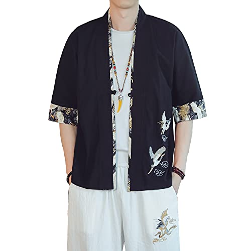 Image of PRIJOUHE Men's Kimono Jackets Cardigan Lightweight Casual Cotton Blends Linen Seven Sleeves Open Front Coat Outwear