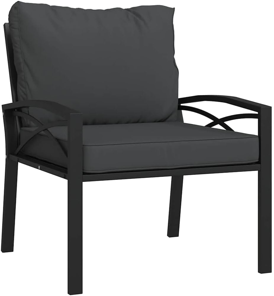 vidaXL Modern Garden Chair Set with Cushions 2 Outdoor Chairs Powder Coated Black and Grey Comfortable Seating for Patio Balcony Furniture Deck Lawn