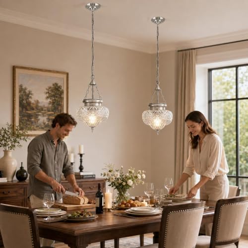 OIYIO Vintage Pendant Light - Brushed Nickel Pendant Lights Kitchen Island with Floral Glass, Hanging Lighting Fixtures with Adjustable Hanging Chain for Kitchen, Island, Dining Room, Entryway by OIYIO - Used condition - Image 4