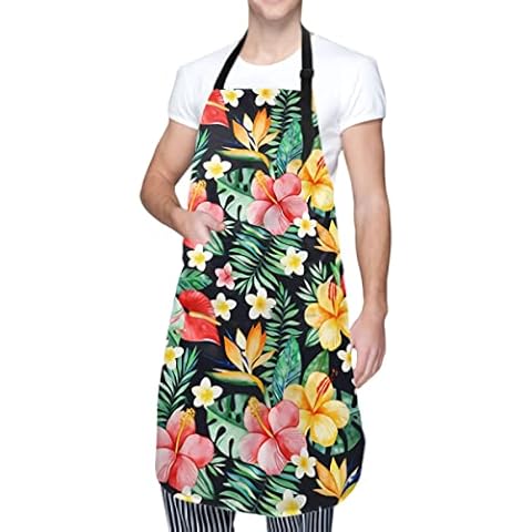Watercolor Paradise Flowers Apron Adjustable Bib, Cooking Kitchen Chef Tropical Palm Branches Aprons for Women With Pockets for Home Kitchen Restaurant Coffee House Cover