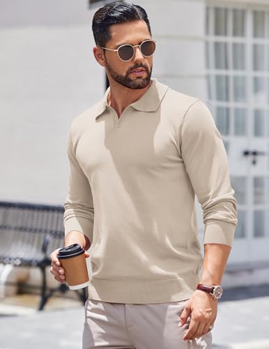 COOFANDY Mens Knitted Long Sleeve Polo Shirts Winter Fall Fashion Polo Sweater Slim Fit Ivory — view 2
