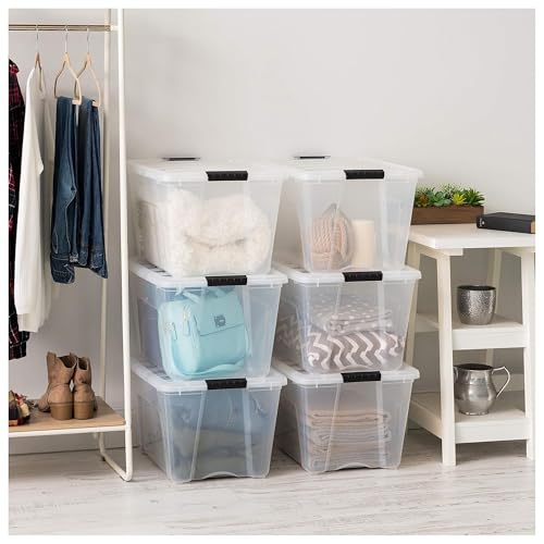 Image of IRIS USA 54 Qt Stackable Plastic Storage Bins with Lids, 12 Pack - BPA-Free, Made in USA - See-Through Organizing Solution, Latches, Durable Nestable Containers, Secure Pull Handle - Clear
