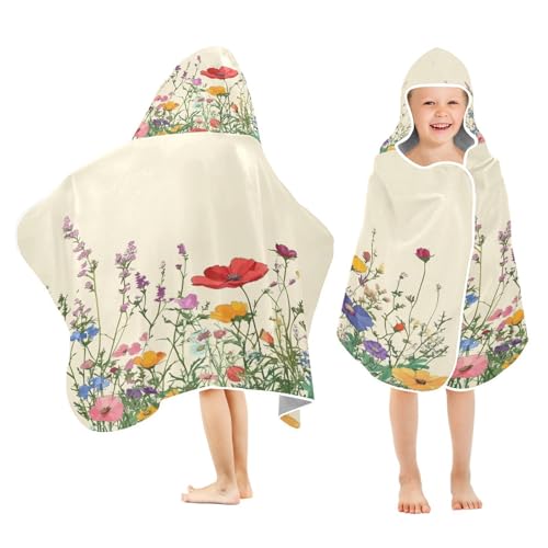 Kigai Wildflowers Hooded Beach Towel for Kids Soft Absorbent Quick Dry Bath Towel with Hood Lightweight Toddler Shower Pool Bath Wrap for Boys Girls