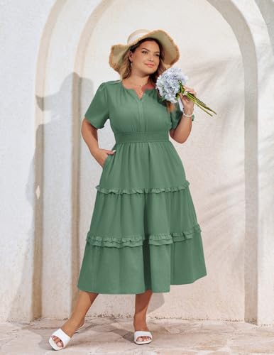 Image of Hanna Nikole Women's Plus Size Summer Casual Dress 2025 V Neck Empire Waist Tiered Flowy Beach Vacation Dress with Pockets