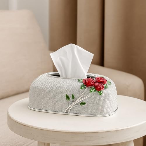 Image of Luxury Golden Tissue Box Cover with Red Rose Design Decorative Rhinestone Napkin Holder for Home Office Bathroom Car Elegant Gifting Idea for Weddings, Housewarmings (Silver)