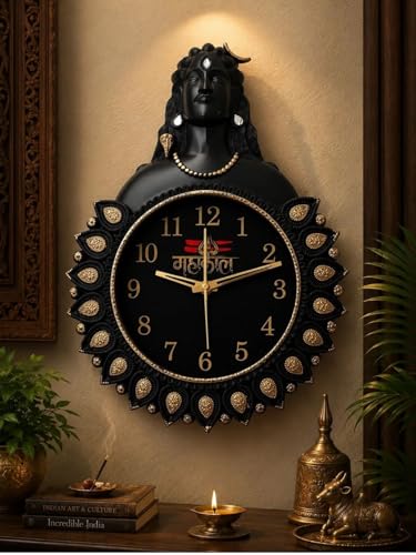 Image of Shiv Ji Mahakal Analog Wall Clock, Black Glass, Silent Movement, 33 x 24 cm, Lord Shiva Idol Design