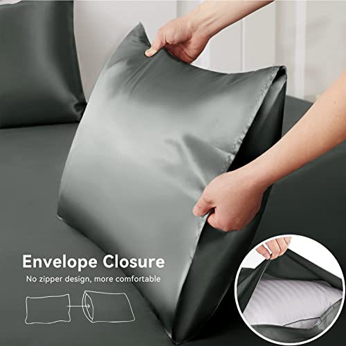 Yiyea Twin Satin Fitted Sheet With Pillowcase, Ultra Soft 16" Deep Pocket Silk Satin Fitted Bottom Sheet, Wrinkle Free, Non-Fading, Breathable, Fully Elasticized - Twin Size, Grey #TOP5