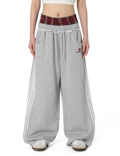 Aelfric Eden Baggy Wide Leg Sweatpants for Women Plaid Patchwork Sweat Pants Loose Long Pants with Pockets