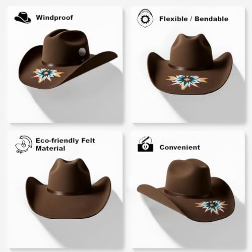 Cowboy Hut aus Filz für Damen & Herren,Westernhut Größe M 57 cm Kopfumfang,Leichter Texanischer Cowboy Hut mit Gürtelschnalle & Breiter Krempe,Hut für Karneval,Festivals,Partys & Sonnenschutz (Brown)
