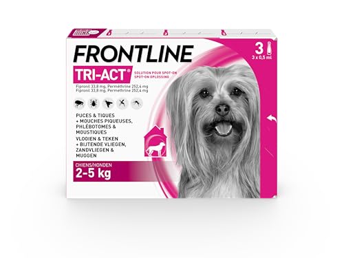 FRONTLINE Tri-Act Chien - Anti Puces, Tiques, Moustiques, Phlébotomes & Mouches - Traitement Radical En 6h - Pour Très Petit Chien De 2 à 5 kg - Fabriqué En France - 3 Pipettes Application Spot On