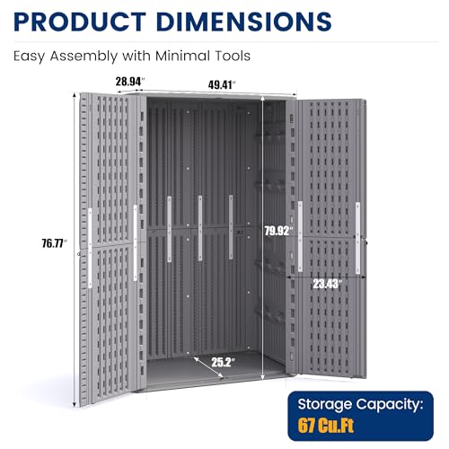 Image of UDPATIO 67 Cu.Ft Outdoor Storage Shed,Vertical Plastic Cabinet,Grey | HDPE,Easy to Assemble,Lockable,with Floor,Waterproof,Plastic Cabinet,Tool Shed,Garden,Backyard,Lawn