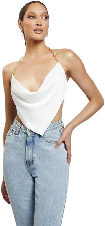 Women's Satin Chain Halter Neck Shirred Back Draped Crop Cami Top Y2k  Trendy Cropped Tank Tops : Amazon.co.uk: Fashion