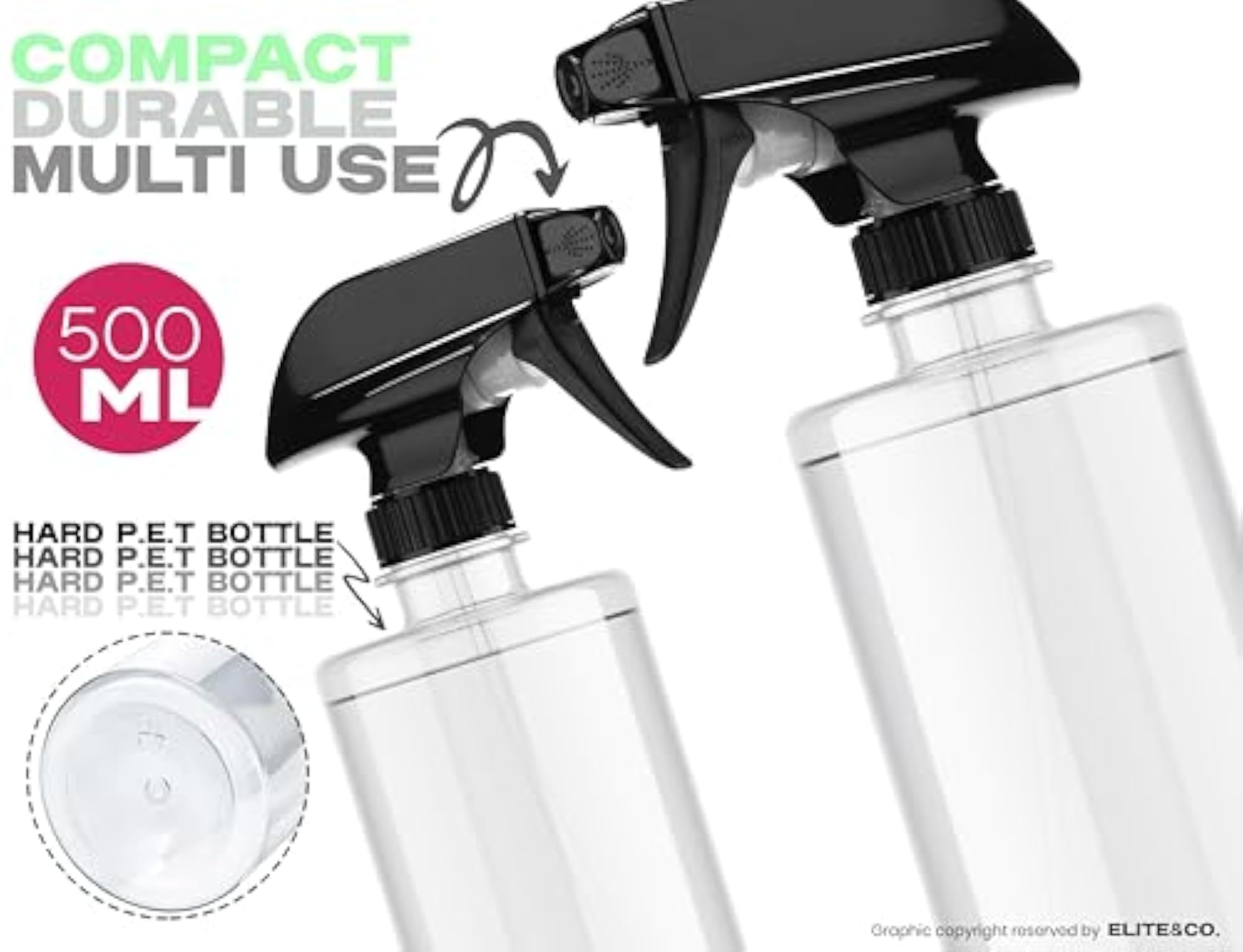 Transparent Clear Empty Water Spray Bottles, 500ml Pack of 2