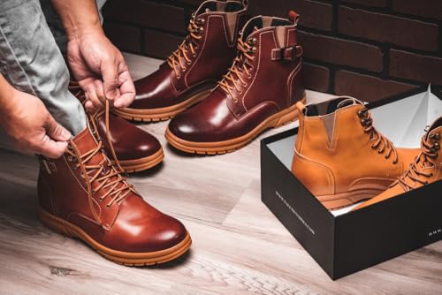 TOTO Men's Invisible Height Increasing Elevator Shoes - Cordovan Dark Brown Premium Leather Lace-up Combat Style High-Top Boots - 2.8 Inches Taller - K16206 - Size 8 D(M) US2
