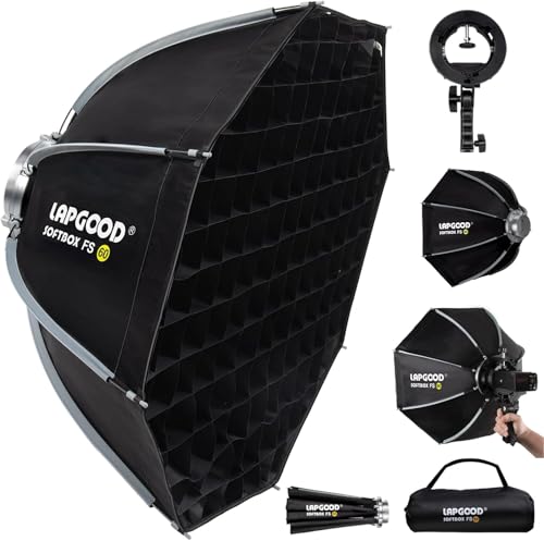 LAPGOOD FS60 Softbox 60cm Softboxes, Quick Release Foldable Softbox with Honeycomb Grid, S-Type Flash Bracket, Bowens Mount and Carrying Bag, Soft Box for Studio Photography Video Flash