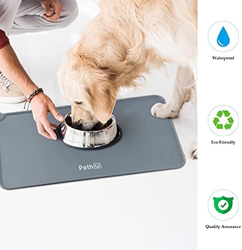 Pethee Pet Feeding Mat Silicone Dog Food Mat Non Slip Cat Bowl Mat, Waterproof Dog Feeding Tray Pet Placemat Pet Food Pad Easy to Clean Protects the Floor (Grey Silicone)