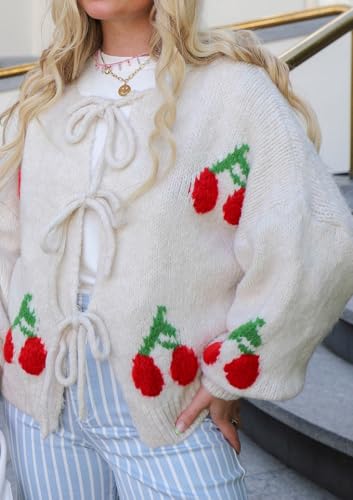 Image of chouyatou Women's Cute Y2K Cherry Tie Knot Cardigan Casual Loose Crewneck Chunky Knit Sweater Cardigan