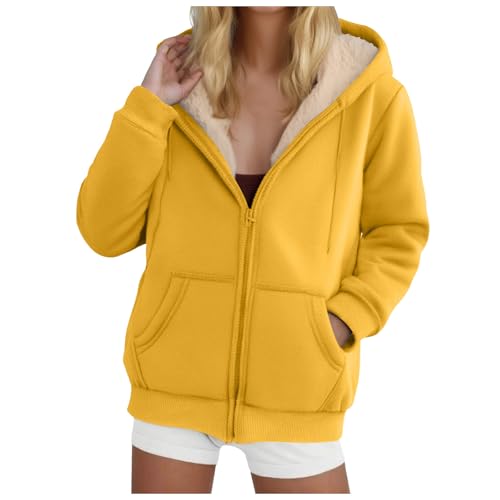 Womens Fleece Hoodies Lined Fuzzy Jacket with Pockets Full Zip Hooded Adjustable Sweatshirts Ladies Winter Warm Coat Outwear Thermal Outfits Clothing