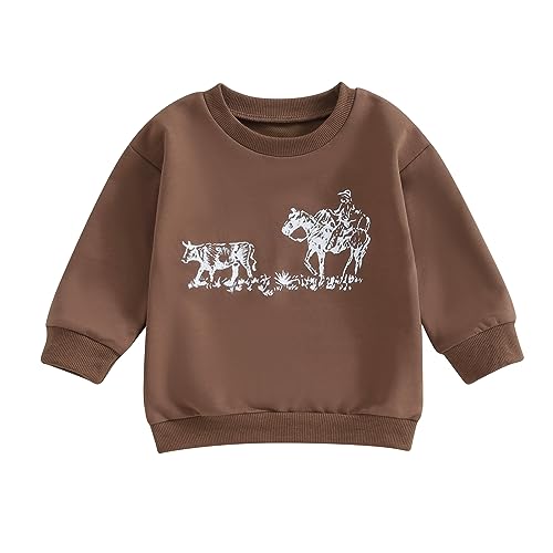 Image of Lamuusaa Western Baby Girl Boy Clothes Cow Print Crewneck Sweatshirt Oversized Pullover Sweater Tops Fall Clothes 6M-4T (Brown, 6-12 Months)