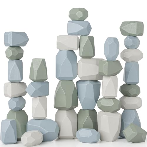 Image of Comfy Cubs Stacking Rocks 36 Pieces, 36 Months+, Educational Toddler Stacking Blocks, Promotes Imagination, Balance & Fine Motor Skills - Wooden Rocks Sensory Toys Gift for Kid, Boy Pack