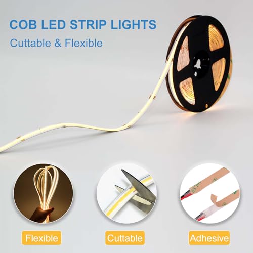 LLTOP COB LED Strip Lights Waterproof IP67 DC24v Daylight White 6000K 16.4ft/5m High CRI 92Ra+ Outdoor LED Tape Lighting DIY Cuttable for Bedroom Kitchen Cabinet Shelf (Power Supply Not Included) by LLTOP - Image 4