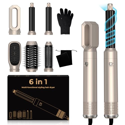 UKLISS Hairstyler 6 in 1 Airbrush Haarstyler | Pro Air Styler Set - 1000W Rundbürstenföhn, Air Curler, Warmluftbürste, Föhnbürste, Haartrockner, Glättbürste | Styling für Alle Haartypen - Silber Gold